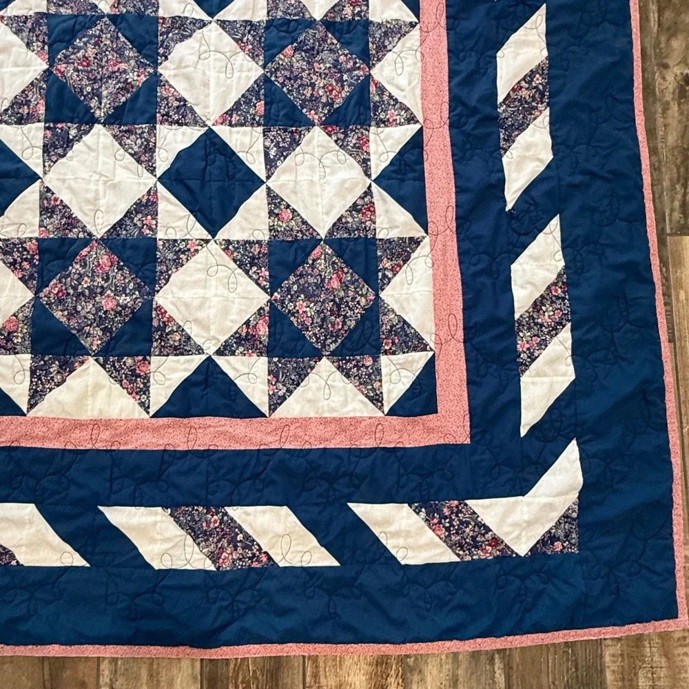 Vintage Handmade Star Patchwork Quilt Navy Pink Floral 100x101 King Queen 1999
